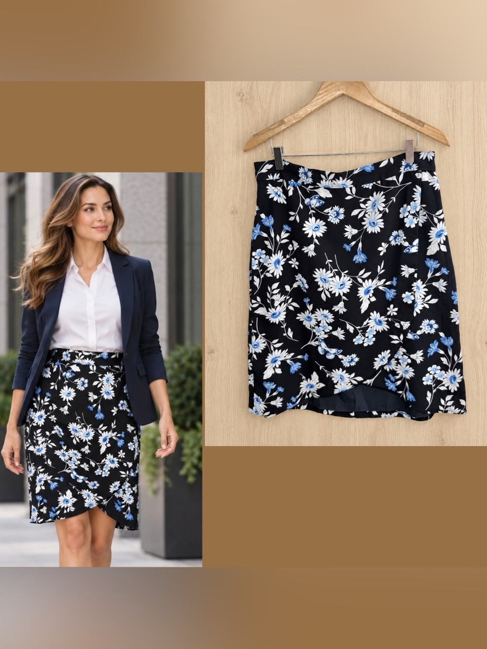 Ann Taylor Black Floral Wrap Skirt with Blue and White Blooms